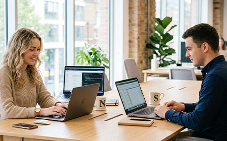 office workers on MacBooks