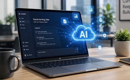 AI Cloud on laptop, in an open office