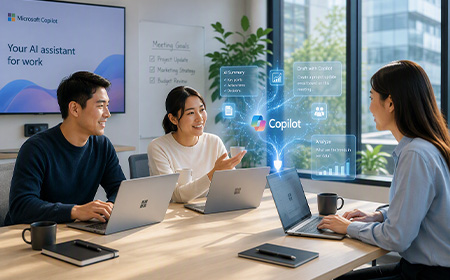 office lifestyle of 3 people in meeting using copilot AI