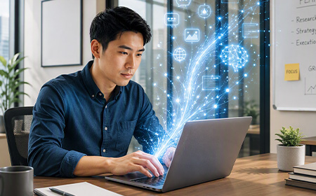 man working on AI laptop