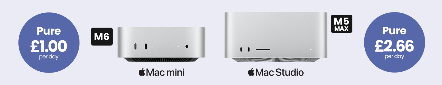 Mac Studio Flexi £1.60 per day and Pure £1.00 per day. Mac mini flexi £4.50 per day and Pure £2.66 per day.